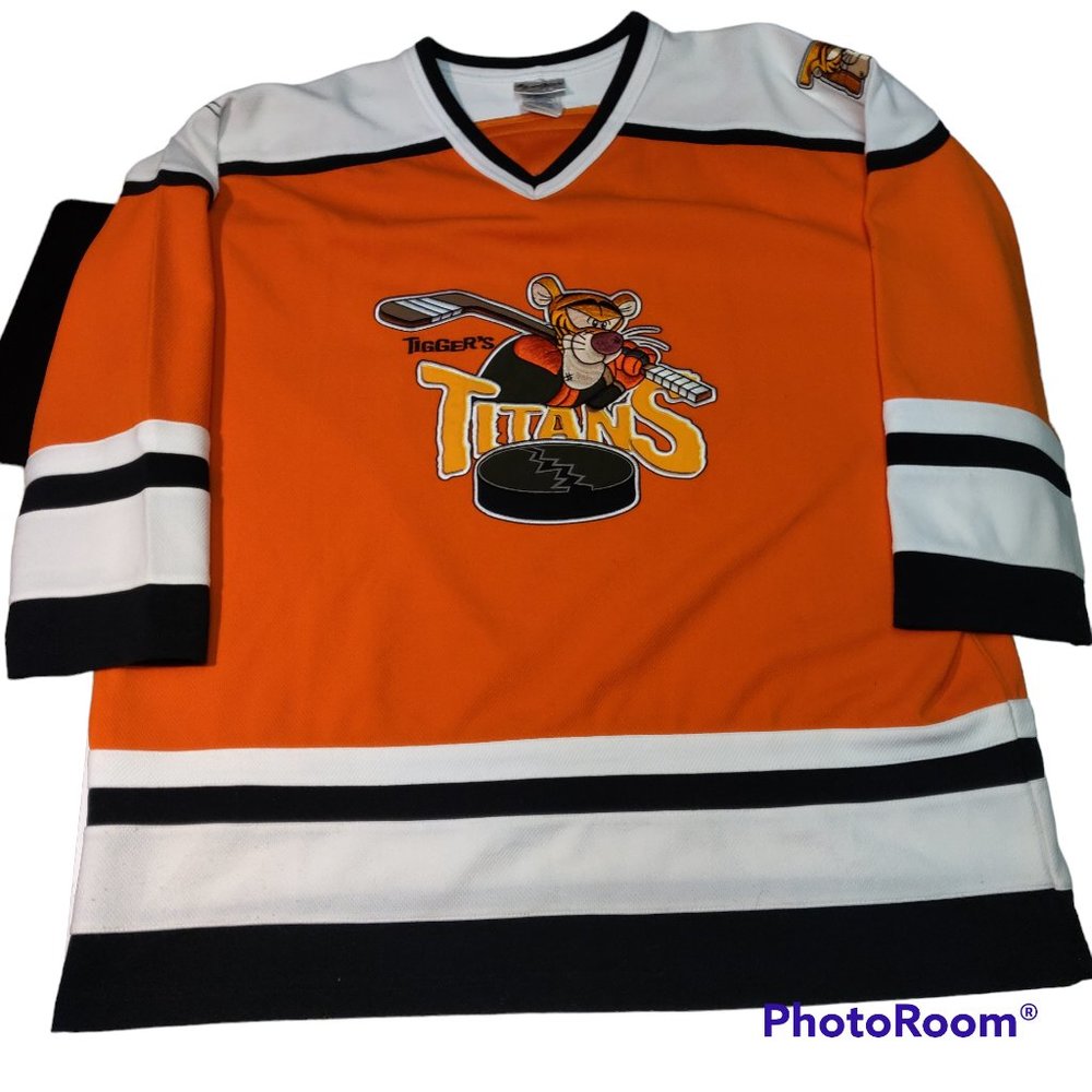 VINTAGE WALT DISNEY WORLDS TIGGER TITANS ADULT XL HOCKEY JERSEY #68